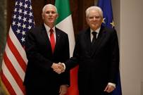 Vice President Mike Pence shakes hands with the President of the Italian Republic Sergio Mattarella,...