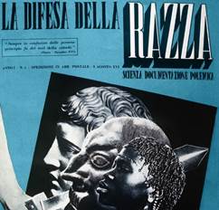 The first issue of the magazine 'La Difesa della Razza' or  'The Defense of the Race': edited by Telesio Interlandi, released on 5 August 1938 at a price of ITL 1. The cover image is very explicit: a sword drastically separates a classical profile from two Jewish and African ones, Italy, Rome, August 5, 1938. (Photo by Fototeca Gilardi/Getty Images).